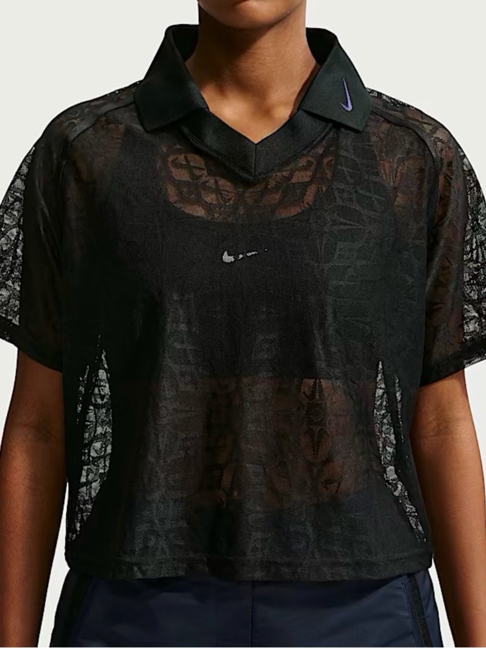 Nike Black Sheer Polo Crop Top with Purple Swoosh